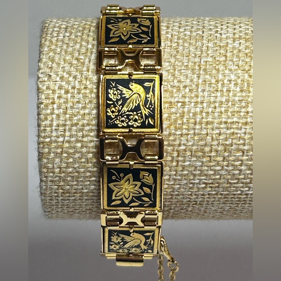 Vintage Damascene 24K gold overlay Toledo Spain bird flower design bracelet
